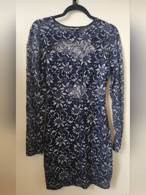 Express Navy Floral Lace Long-Sleeve Dress